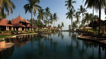 Tropical Resort Pool, Palm Trees, Ocean View, Relaxation