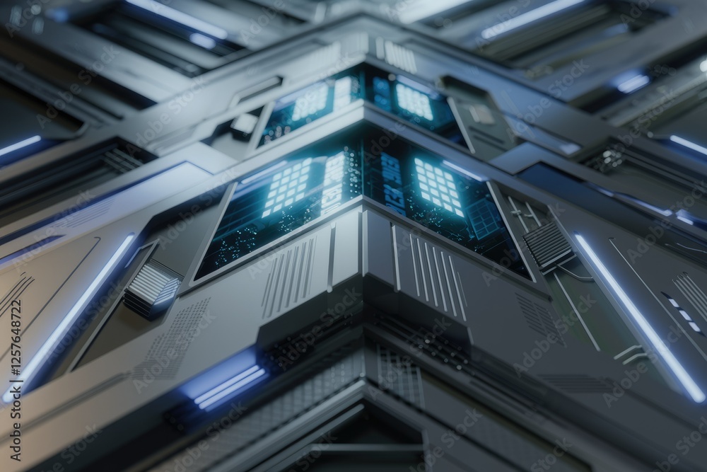 Poster futuristic metallic interface with glowing blue screens displaying digital data, showcasing advanced