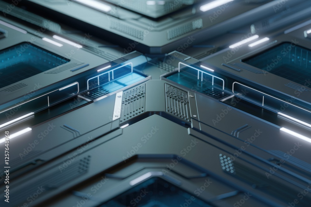 Poster abstract futuristic metallic surface with glowing blue elements, showcasing intricate technological 