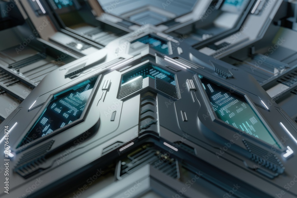 Poster futuristic metallic interface with glowing teal digital displays, showcasing advanced technology and