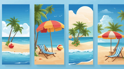 A beautiful set of four scenic tropical beach illustrations with sun loungers, ocean waves, and palm trees. Perfect for vacation and travel designs.
