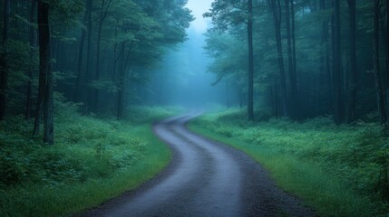 Obraz premium Serene winding path through a misty forest, surrounded by lush greenery and tranquil atmosphere