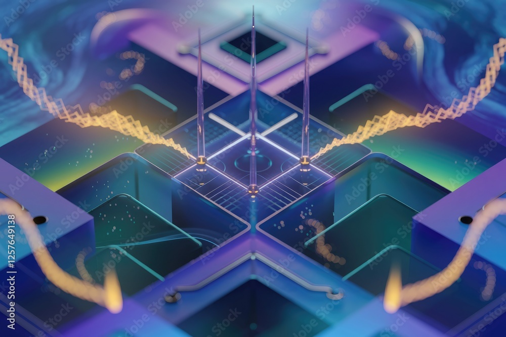 Poster Abstract digital artwork depicting a futuristic technological system with energy flows and geometric structures.