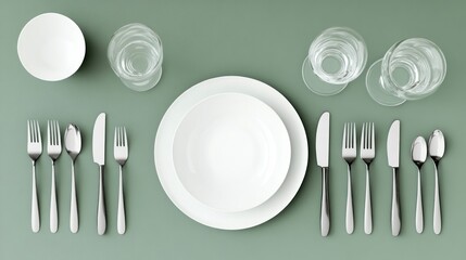 Elegant table setting, dinnerware, cutlery, overhead view, green background, restaurant menu