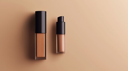 Obraz premium Cosmetic liquid foundation bottles against a beige background.