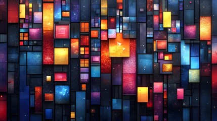 Vibrant Mosaic of Light: An abstract artwork featuring a dazzling array of colorful, glowing rectangles forming a dynamic mosaic, evoking feelings of energy, innovation, and creativity.