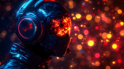 Cyberpunk Sentinel: A futuristic digital warrior, clad in sleek, dark armor and equipped with glowing headphones, stands silhouetted against a vibrant backdrop of bokeh lights.