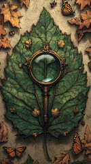 Fototapeta premium Intricate antique magnifying glass rests on a large, detailed leaf, surrounded by autumn leaves and butterflies. A mystical, natureinspired design perfect for fantasy, autumnal, or vintage projects.