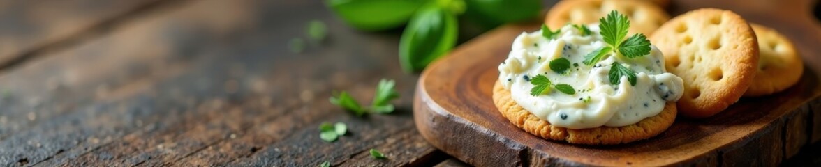 Crumbly blue cheese, crackers, & garnish on rustic wood , crumbles, snack