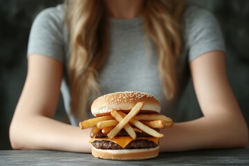 Woman on dieting for good health concept. Woman doing cross arms sign to refuse junk food or fast food (hamburger and potato fried) that have many