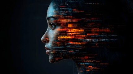 Digital Woman: A captivating double exposure portrait of a woman, her profile subtly overlaid with streams of vibrant digital code, symbolizing the intersection of humanity and technology. 