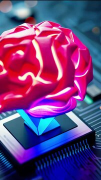 Futuristic pink and blue brain-shaped sculpture on a circuit board, symbolizing technology and creativity