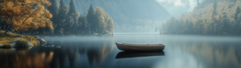 Fototapeta premium A little boat floats on a tranquil lake, surrounded by forested hills and mountains. 