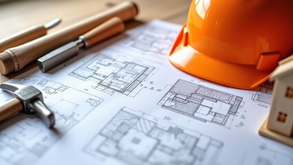 Construction blueprints, a hard hat, and carpentry tools lay together on a wooden table.  The scene suggests planning and building - Generative AI. 