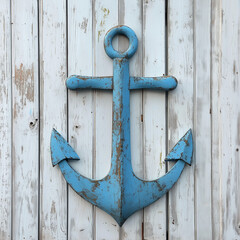 rustic blue anchor on weathered wooden background for nautical decor, featuring maritime theme with vintage distressed wall art and coastal decoration