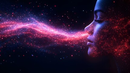 Obraz premium Breath of Stardust: A woman's face is illuminated by a mesmerizing trail of glowing particles, evoking a sense of magic and ethereal beauty.