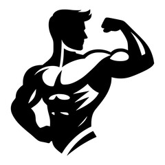 Muscular Man Silhouette Flexing Biceps, Bodybuilding Icon, Fitness Gym Logo, Strength Training Symbol, Athletic Male Figure, Workout Motivation, Personal Trainer Branding, Sports Illustration