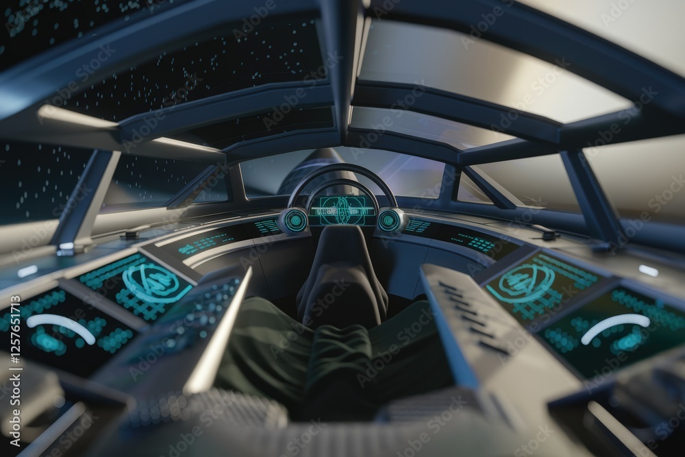 Poster futuristic spaceship cockpit view, pilot seated, high-tech controls and displays showcasing interste