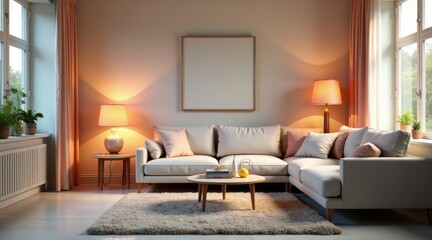 Fototapeta premium Relaxing Evening in a Modern Living Room with Soft Lighting and Neutral Decor