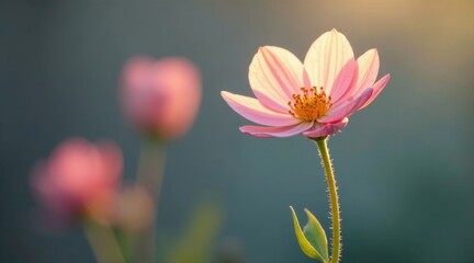Fototapeta premium A Delicate Pink Flower Illuminated by Golden Hour Sunlight, Softly Focused with Blurred Background