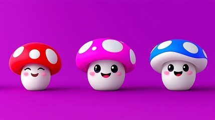 Three Cute Cartoon Mushrooms On Purple Background