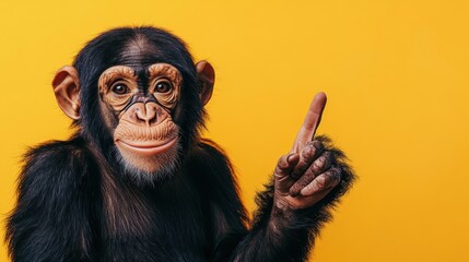 Chimpanzee poses playfully with one finger raised, showcasing personality against a vibrant yellow background