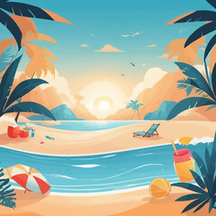 Vector illustration of a secluded beach cove during sunset, complete with sun loungers, umbrellas, tropical drinks, and palm trees.