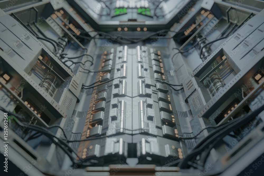 Poster futuristic metallic corridor with intricate wiring and technological components, a sci-fi aesthetic.