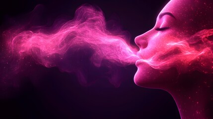 Crimson Vapor: A surreal and ethereal portrait of a woman exhaling vibrant pink smoke, creating a mesmerizing and dreamlike atmosphere. The image is rich in texture and contrast.