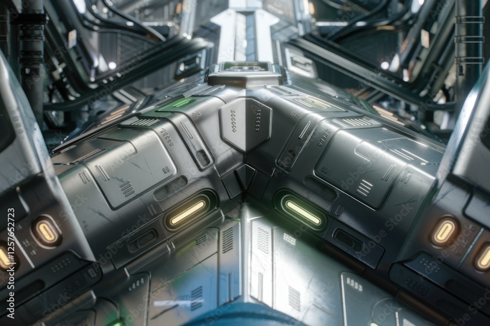 Poster futuristic metallic corner junction, detailed with glowing elements and intricate paneling, showcasi