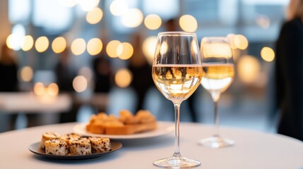 champagne flutes with appetizers at a reception.