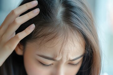 Fototapeta premium problem hair fall asian young woman, girl worry about balding, looking at scalp in mirror, hand in break into front hair loss, thin problem
