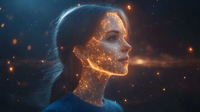 Digital Stardust: A captivating digital portrait of a woman, rendered in a mesmerizing ethereal glow, her face adorned with shimmering particles of light.