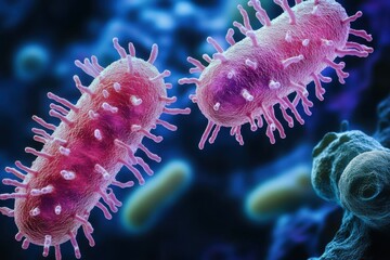 Detailed illustration of bacteria showcasing structure and features under microscopic examination in a laboratory setting