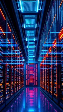 Futuristic data center with vibrant neon lights illuminating rows of servers and cables