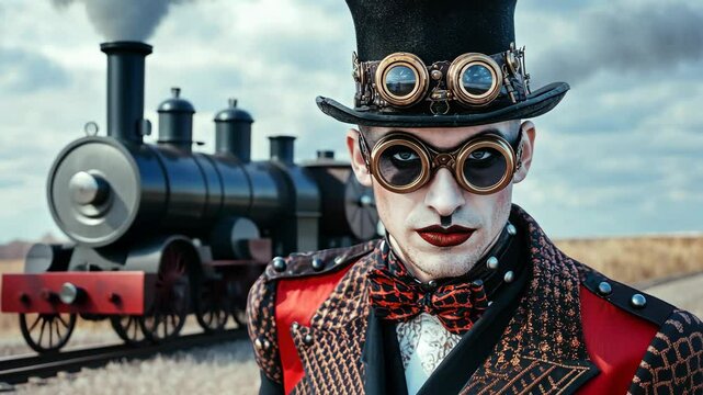 Steampunk conductor posing near old train in a montage
