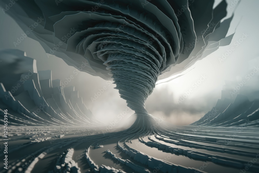 Poster Abstract 3D rendering of a swirling grey vortex resembling a tornado, set against a hazy background.