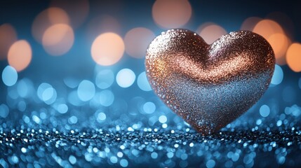 Fototapeta premium Sparkling heart-shaped decoration shining in soft blue and orange lights during a romantic celebration at night