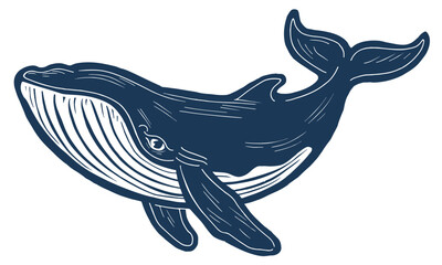 Vector illustration of a whale in vintage linocut style