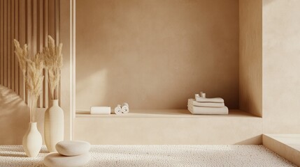 Minimalist beige room, pampas grass, towels, sunlight