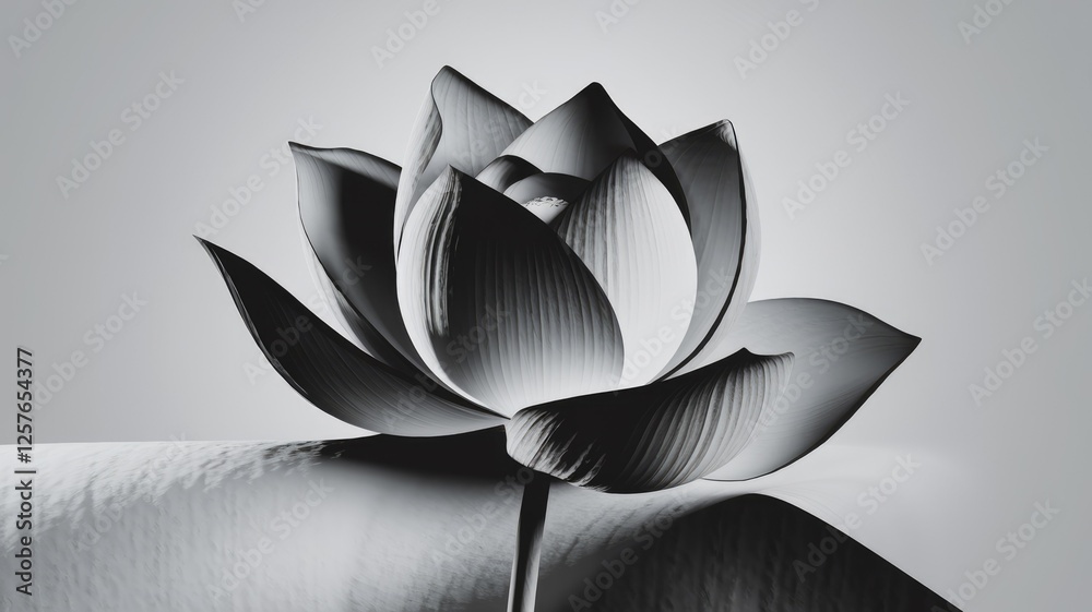 Poster a grayscale image of a single lotus flower, elegantly presented against a muted backdrop.