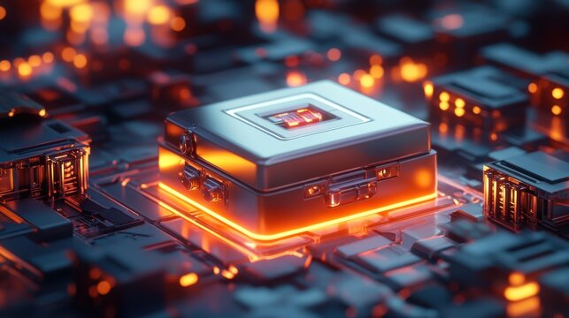 A digital vault surrounded by glowing locks and keys,