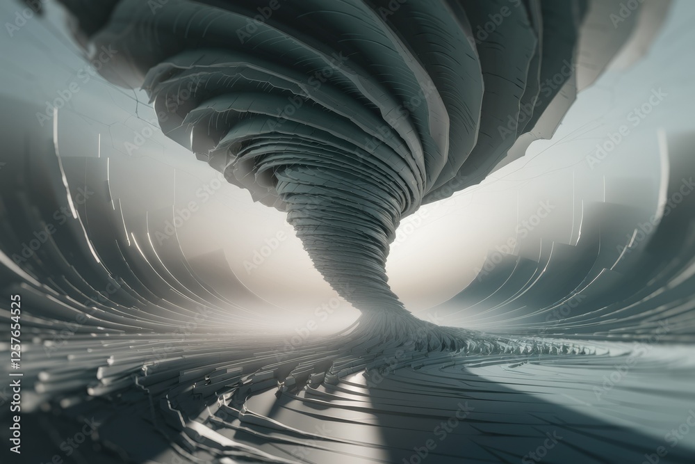 Poster abstract grayscale 3d rendering of a swirling vortex, resembling a powerful tornado or cyclone.