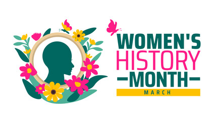 Fototapeta premium Women's History Month background banner or poster design template with women sign and flower. observed every year in March. Holiday concept. Use to any Template, card, poster, placard, template.