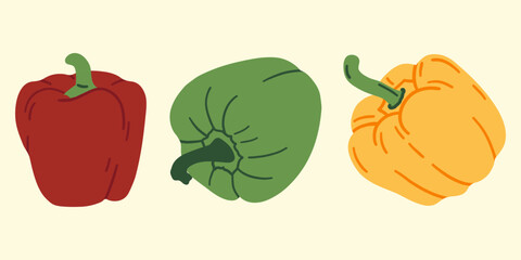 Red, yellow and green bell pepper vector. Fresh healthy vegetables. Flat style.