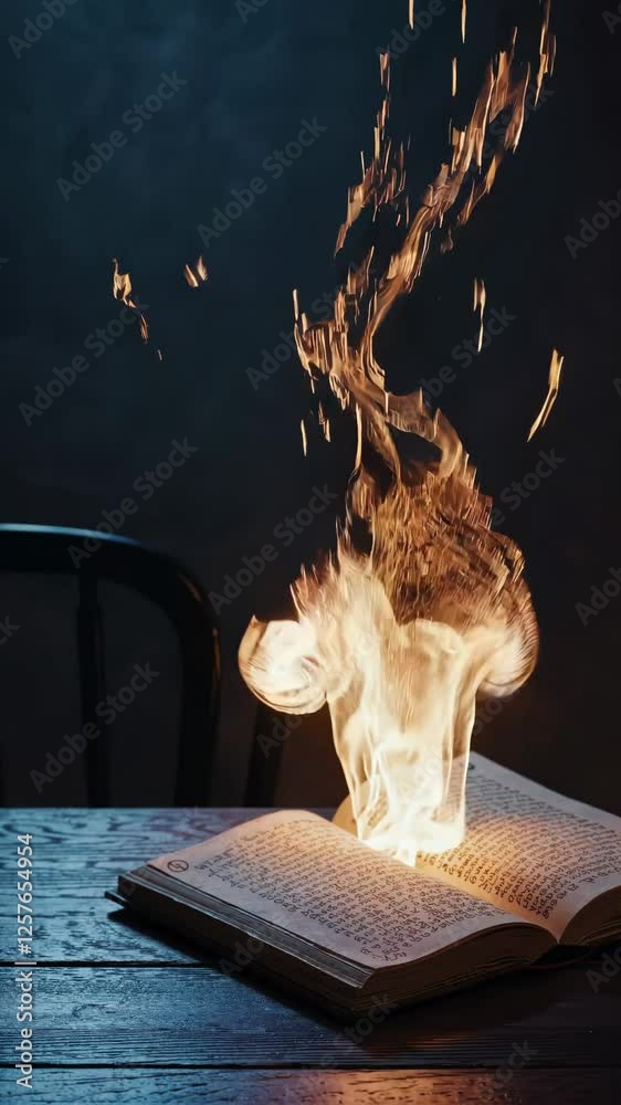 Poster magical energy rising from an ancient open book, with golden sparks and mystical light illuminating 