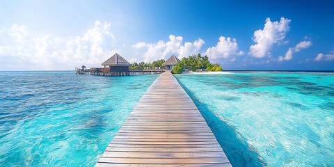 Fototapeta premium Malediven Urlaub. Mit wunderschönen Hotelresorts auf dem Meer. Luxusurlaub Sonne Meer Freiheit