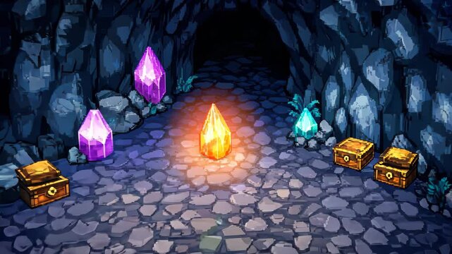 Glowing crystals and treasure chests in a dark cave