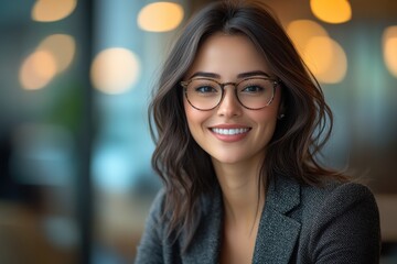 Obraz premium Woman with glasses smiling confidently in a modern office setting during the day with blurred background lights
