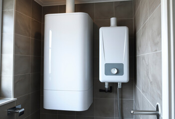Household smart water heater mounted on the wall in a bathroom provides reliable hot water and efficient heating for daily use.